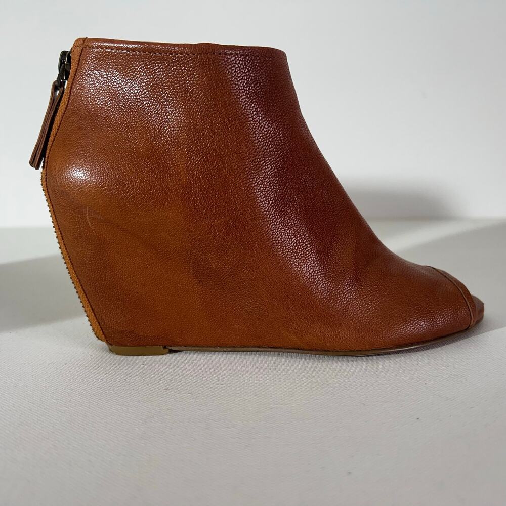 Nine West : Blaze Cognac Leather Open-Toe Wedge Ankle Booties : 5 1/2